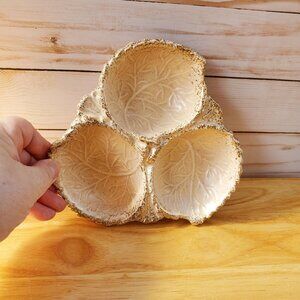 VTG CA Pottery MCM Leaf Shaped Divided Serving Dish Speckled Gold Accents 1950s